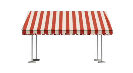 Red and white striped awning on metal poles, with scalloped trim