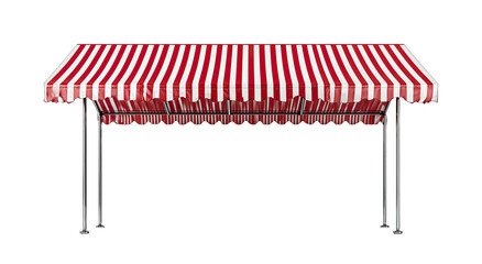 Red and white striped awning with metal support legs