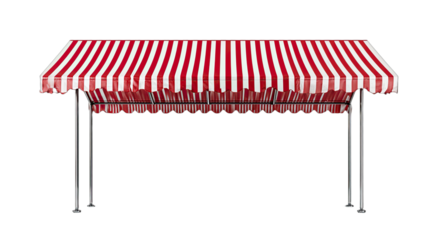 Red and white striped awning with metal support legs