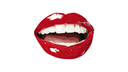 Open red lips with white teeth, reflecting light on black background