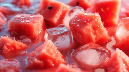 Macro view of watermelon cubes with ice and water droplets for a fresh summer concept