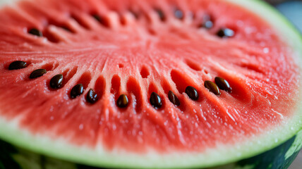 Close-up of juicy red watermelon slice with seeds and textured surface in natural light