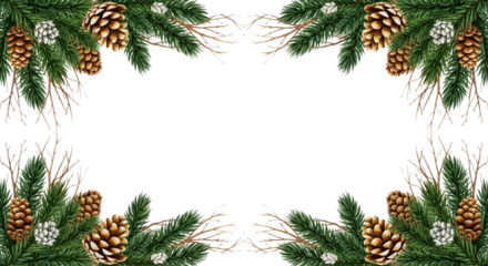 Christmas frame border with realistic pine tree branches and brown pinecone decoration isolated on transparent background for holiday greeting card design element