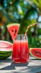 Refreshing watermelon juice in a glass with a slice and straw on tropical outdoor background