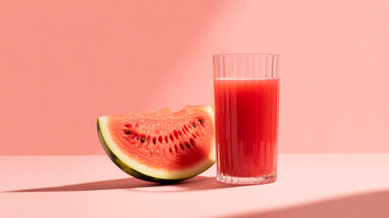 Glass of watermelon juice and slice on pink background in bright natural light