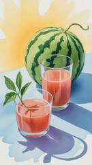 Watercolor-style illustration of watermelon juice glasses and whole fruit under bright sun