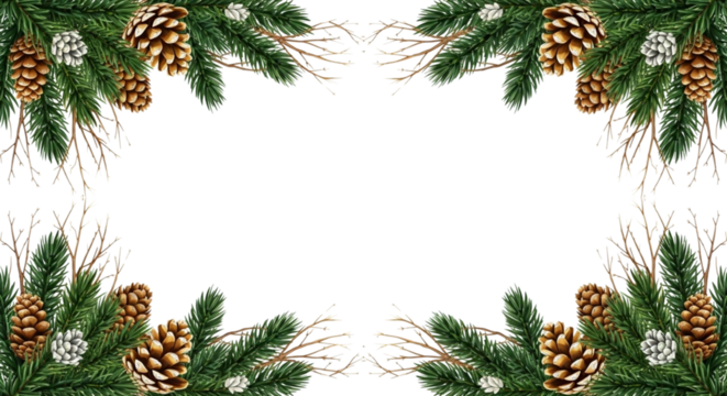 Christmas frame border with realistic pine tree branches and brown pinecone decoration isolated on transparent background for holiday greeting card design element