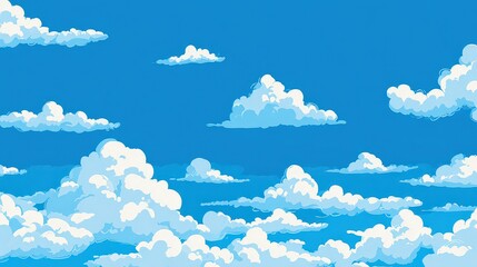 Pixel Art Sky with Fluffy White Clouds in Bright Blue Daytime Background
