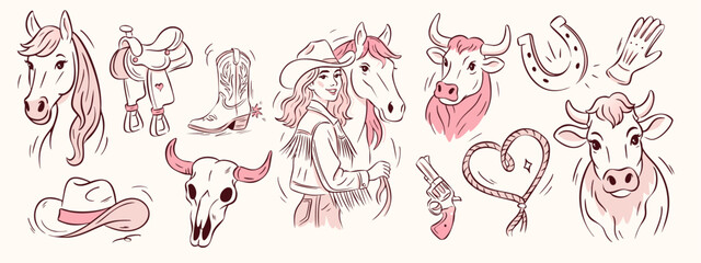 Cowgirl western pink hat and boot illustration with horse, bull and skull elements drawn in whimsical style. Cowgirl western vector design for bachelorette theme, retro rodeo aesthetic country art.