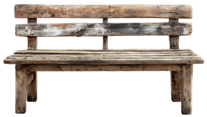 An old, rustic wooden park bench with weathered planks, isolated on a black background