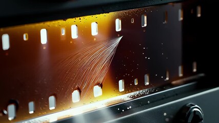 Macro view of a vintage film strip burning and melting inside a projector, releasing glowing orange light beams for a cinematic transition overlay. - Powered by Adobe