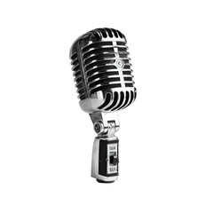 Vintage chrome microphone with on-off switch on a black background