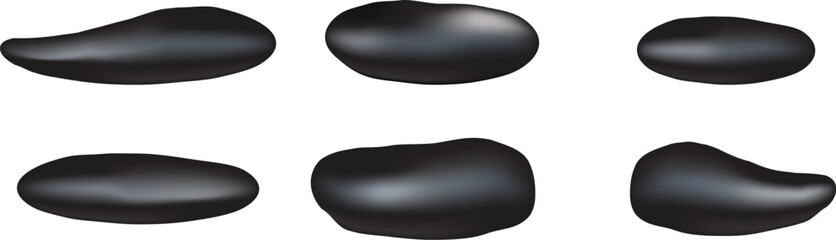 Collection of various smooth shiny black stones, showcasing various shapes, vector illustration.