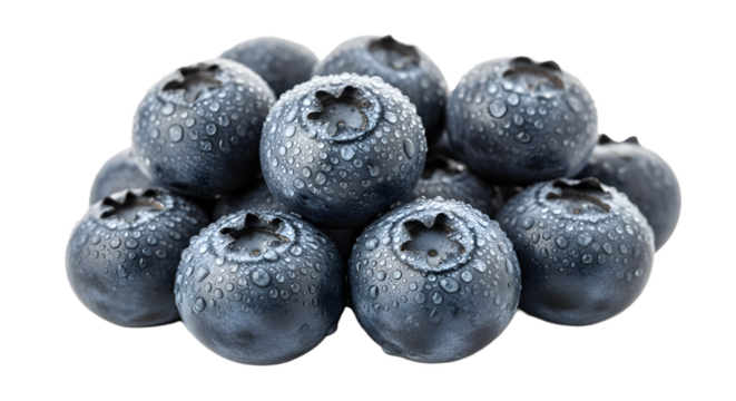 Fresh blueberries with water droplets close up macro shot for healthy food background use on transparent background