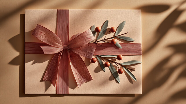 Elegant gift box with ribbon and leaves on beige background