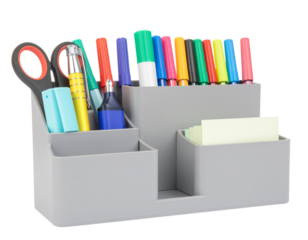 Professional office desk organizer with pens, markers, and stationery arranged neatly, isolated on a transparent background, PNG