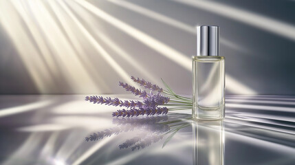 Elegant perfume bottle with lavender and reflections on soft background