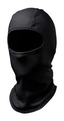 A black, full-face headwear with an oval eye opening, covering the neck