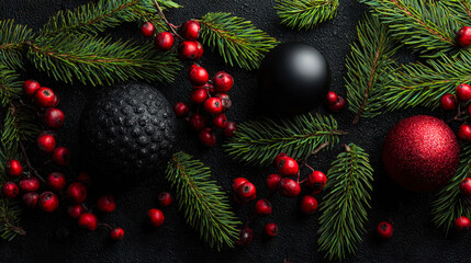 Obraz premium Festive holiday arrangement with pine branches, red berries, and decorated ornaments against a dark background