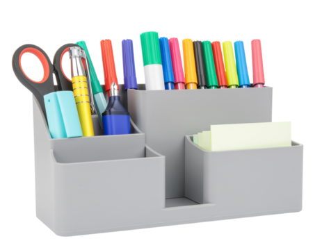 Professional office desk organizer with pens, markers, and stationery arranged neatly, isolated on a transparent background, PNG