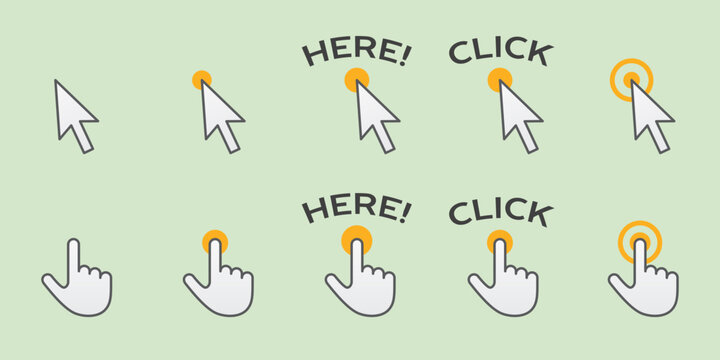 Animated cursor icons showing clicking action and hover effects