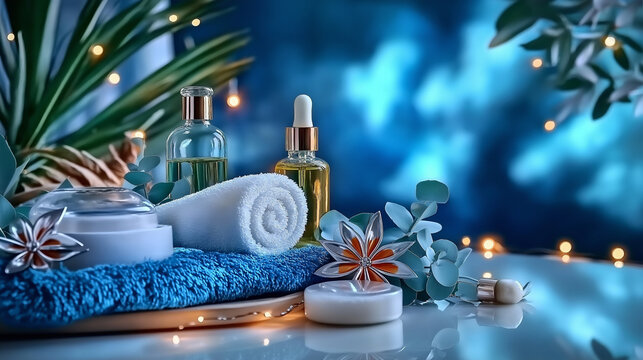 Spa setup with skincare products, towels, and greenery on blurred background
- Powered by Adobe