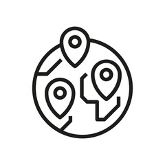 Global location pins on a stylized earth icon