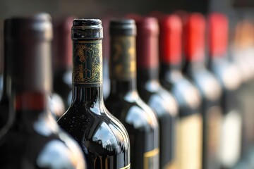 Row of Dark Glass Wine Bottles with Varied Colored Caps in Soft Blurred Light Display
