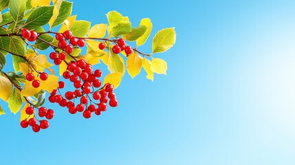 Vibrant Red Berries on a Branch Against Clear Blue Sky Background