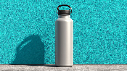 Stainless steel water bottle against textured turquoise wall