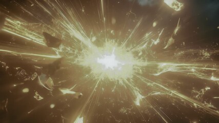 Spectacular cinematic animation, in a burst of intense luminosity, golden rays and shards radiate outward from the epicenter, resembling shattered glass spiraling and diffusing within a radiant aura.