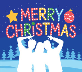 Friends celebrating christmas together under a festive sign with snowy trees and stars