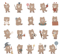 Teddy bear character set in scandinavian style showing different funny emotions and poses with holiday, celebration, birthday, balloon, valentine, sport, food, drink, magic
