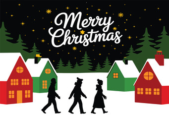 Merry christmas greeting over a cozy winter village with people walking through snow