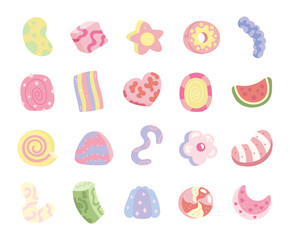 Gummy candy set in scandinavian style showing assorted chewy desserts and jelly sweets with confectionery shapes for festive decoration perfect for your illustration and designs projects