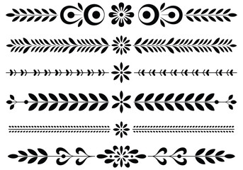 Set of decorative black and white floral and leafy vector borders