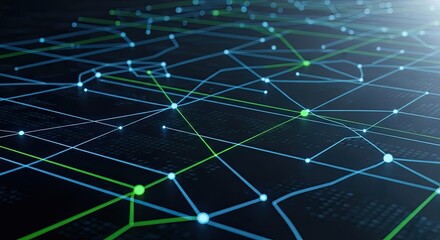 Dynamic network connections with luminous nodes and futuristic glowing lines for innovative technology and data flow visuals, ideal for digital marketing