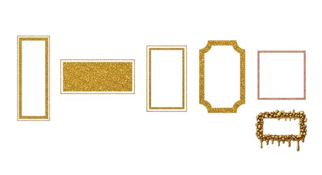 Collection of seven ornate golden glitter picture frames in various shapes and sizes, isolated on transparent background