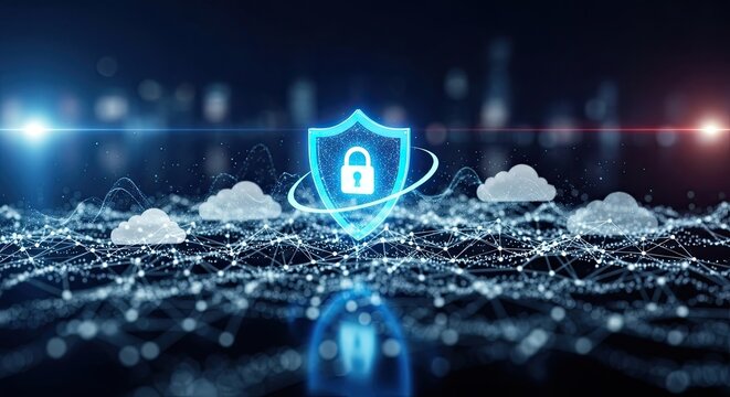 Secure cloud computing with modern data protection, digital shield technology guarding network, ensuring privacy and trust in online data, keeping information safe - Powered by Adobe