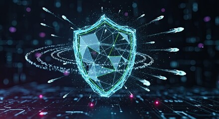 Cybersecurity shield protecting against online threats with glowing network, representing data privacy and secure internet access for business and personal use
