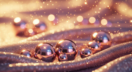 ゴールドの光が反射する球体と柔らかな布地　ラグジュアリーなきらめき背景
