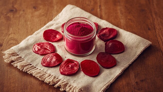 Fresh beetroot juice in a jar surrounded by sliced beets on a rustic table - Powered by Adobe
