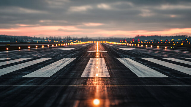 Illuminated runway at dusk with lights and markings leading to a distant horizon view at twilight
