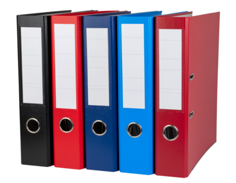 Collection of premium office binders with labels and metallic rings, isolated on a transparent background, PNG