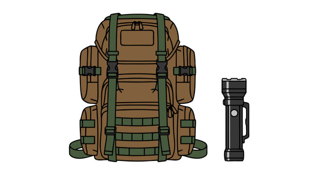A brown and green tactical backpack stands next to a black, heavy-duty flashlight, ready for outdoor adventures or emergency preparedness.