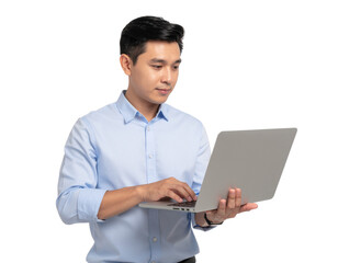 Employee typing on wireless laptop keyboard with realistic wrist and finger shadows, isolated on a transparent background, PNG