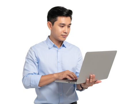 Employee typing on wireless laptop keyboard with realistic wrist and finger shadows, isolated on a transparent background, PNG