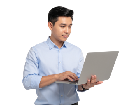 Employee typing on wireless laptop keyboard with realistic wrist and finger shadows, isolated on a transparent background, PNG