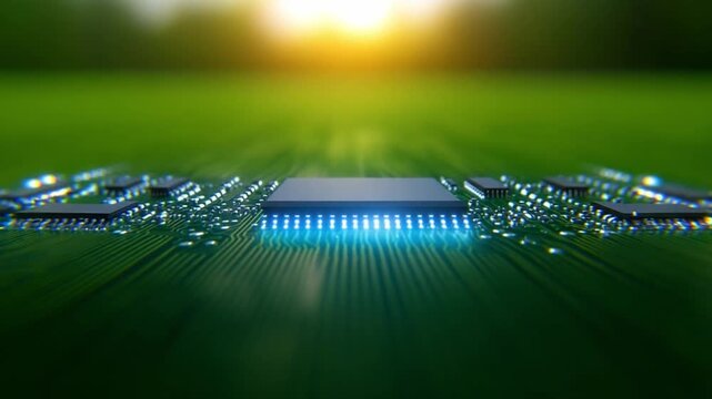 Microchip's Energy: A close-up view of a vibrant computer chip glows with energy, showcasing the intricate details of modern technology.