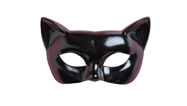 A shiny black cat mask with pointed ears and eye cutouts